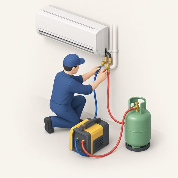 A technician connects a refrigerant recovery machine and cylinder to the service ports on the pipework of a wall-mounted split system indoor unit, recovering the charge at end of life.