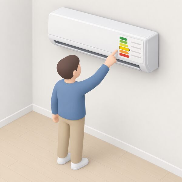 A simplified household figure stands beside a wall-mounted fixed air conditioner indoor unit, pointing at the energy efficiency label stuck on the unit's front, the label drawn as a physical sticker with plain colour bands and blank lines so the efficiency class can be seen as a highlighted band without any readable words or numbers.