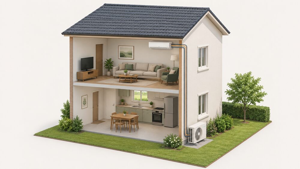A cutaway of a house showing a slim wall-mounted split air conditioning indoor unit high on a living room wall, with refrigerant pipework and wiring passing through the external wall down to an outdoor fan unit standing on the ground outside.