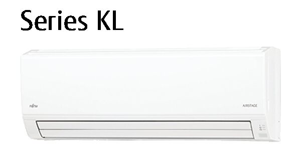 A white Fujitsu wall-mounted split air conditioning indoor unit with 'Series KL' text above it