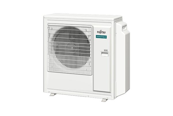 A white Fujitsu Airstage multi-split air conditioning outdoor unit shown against a plain white background