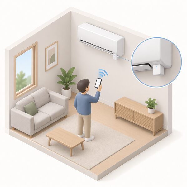 A simplified isometric figure holds a smartphone while a small WLAN adapter is plugged into a port on the underside of a wall-mounted indoor air conditioning unit high on a living room wall.