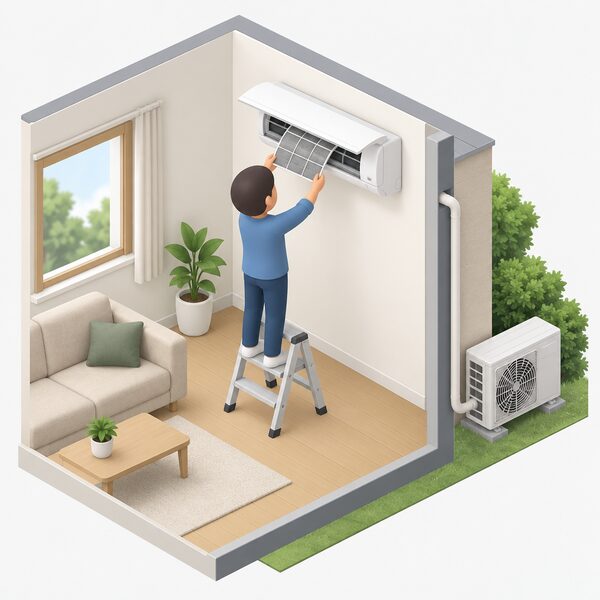 A simplified isometric figure stands on a small step ladder indoors, lifting the front panel of a wall-mounted split-system indoor unit and sliding out the mesh filter to clean it, with the outdoor unit visible through the wall.