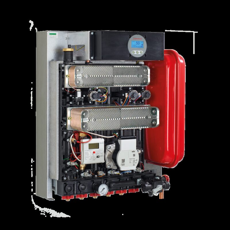 A heat interface unit (HIU) with its casing open, showing plate heat exchangers, pump, valves and a digital display, with a red cover panel beside it