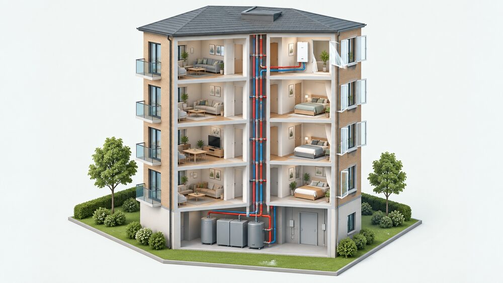 A cutaway of a multi-storey block of flats showing a communal heat network: a plant room or energy centre at the base, insulated distribution pipework rising through the building's core, and a Heat Interface Unit on the wall of one flat, with the flat's windows shown open against summer heat.