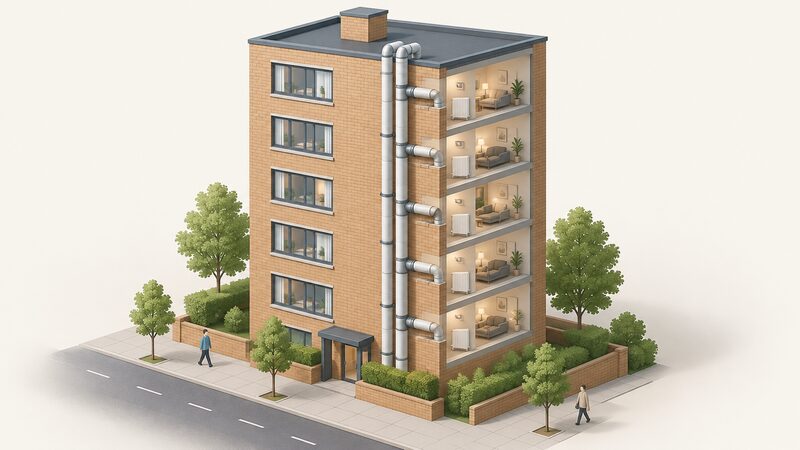 An isometric view of a London block of flats with single-aspect windows on one facade and insulated distribution pipework running visibly up that facade, with a cutaway hinting the pipes pass into the building so heat losses arrive inside.