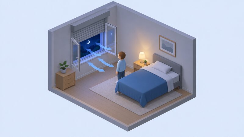 A simple bedroom at night with an external shutter rolled partway down over the window outside, the window itself open, and cool night air shown flowing in past a small isometric figure standing by the bed.