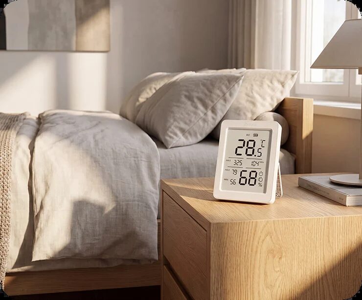 A white SONOFF temperature and humidity sensor with LCD display showing 28.5°C and 68% humidity on a wooden bedside table in a bedroom