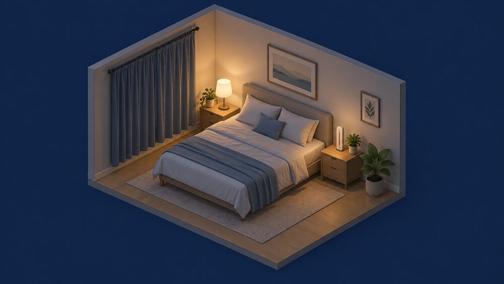 A small south or west-facing bedroom at night during a heatwave, with a bed at the centre, a closed window with curtains drawn against the warm night, and a thermometer standing on the bedside table.