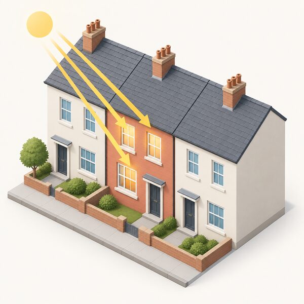 A simple isometric view of a row of three adjoining terraced houses, with the middle house highlighted in a plain colour to show it is a mid-terraced dwelling, its south- or west-facing windows catching sun arrows to indicate greater overheating risk.