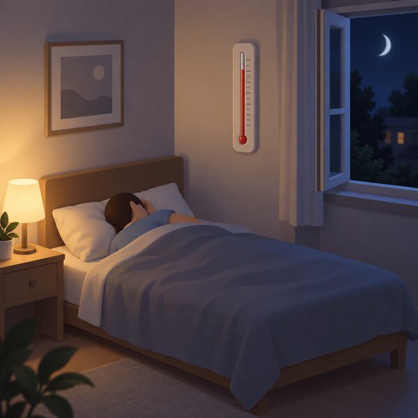 A dim bedroom at night with a wall-mounted room thermometer beside a bed, its red column risen high up the scale to show the room is too hot for sleeping, with a window open to the dark outside.