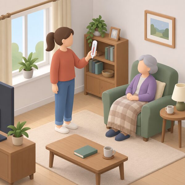 A younger person stands in an older relative's living room holding a simple thermometer at reading height, checking the actual air temperature of the room while the older relative sits nearby in an armchair.