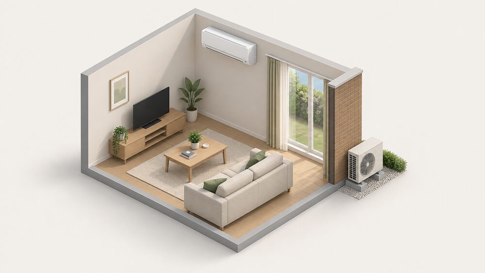 A high wall mounted air conditioning indoor unit fixed high on the wall of a room, with its refrigerant pipework and condensate drain concealed behind it, and the paired outdoor unit standing on the ground outside the external wall.