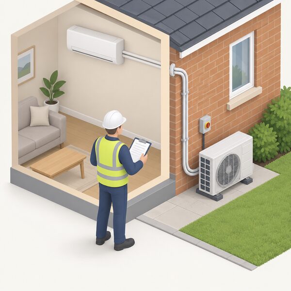 An engineer with a clipboard stands outside a house surveying the route for a wall-mounted air conditioning system, looking between the proposed indoor unit position on an inside wall, a short pipe run through the external wall, a proposed outdoor unit spot on the ground and the electrical supply point.