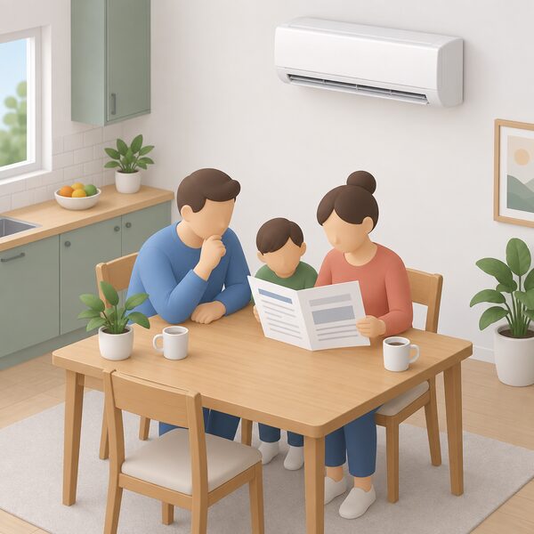 A household at a kitchen table reading a printed scheme rules document, with a high wall-mounted air conditioning unit visible on the wall above, checking whether the listed measures cover it before paying.