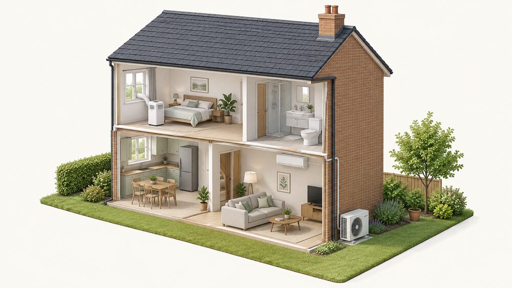 A cutaway of a small UK house on a summer day showing a slim split air-conditioning unit high on the living room wall inside, connected by a refrigerant pipe to an outdoor condenser unit standing on the ground against the outside wall, with a portable air conditioner with an exhaust hose through a window in another room.
