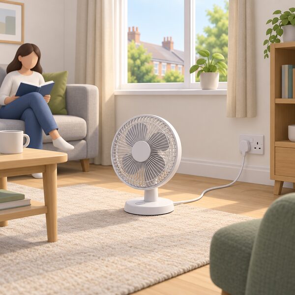 A small portable electric fan on the floor of an ordinary UK living room, its lead running to a wall socket, standing as the simplest first rung of the cooling ladder with a window and plain furniture around it.