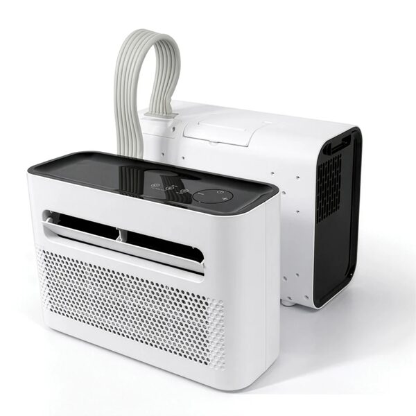 A white Prem-i-air 3-in-1 split portable air conditioner unit with exhaust hose shown from front and back on a plain background