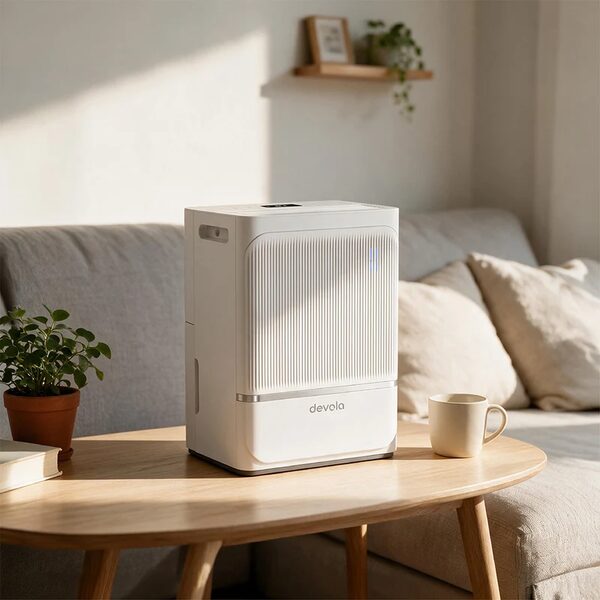 A white Devola compact dehumidifier standing on a wooden coffee table in a living room