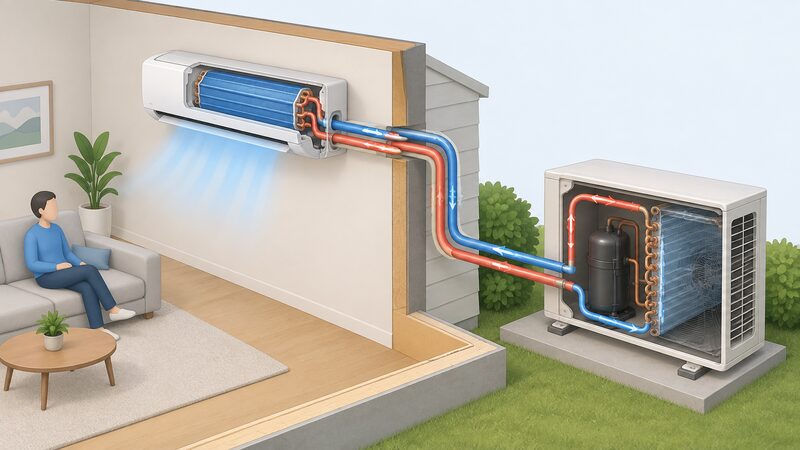 A cutaway diagram of a split air conditioner showing an indoor unit on an interior wall with its coil, refrigerant pipes running through the wall to an outdoor unit containing the compressor and outdoor coil, with arrows tracing the sealed refrigerant loop.