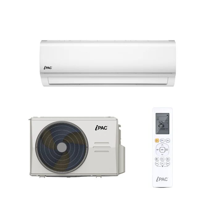An iPAC air conditioning split system with wall-mounted indoor unit, outdoor condenser unit and remote control on a white background