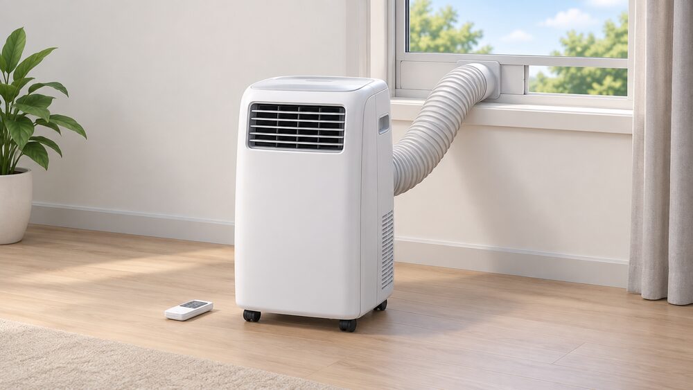 A floor-standing portable air conditioner on caster wheels stands close up in a room, its flexible exhaust hose running up to a window kit bracket fitted in the open window beside it, with a remote control resting on the floor nearby.