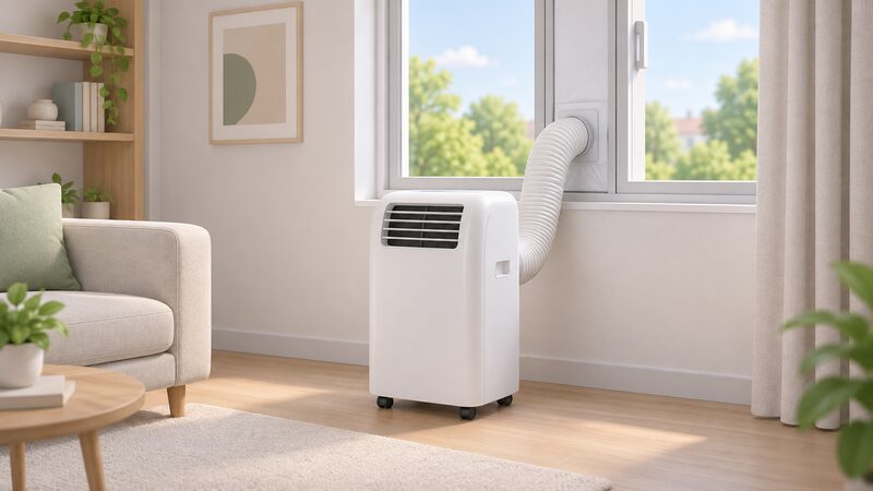 A white portable air conditioner on casters stands on the floor of a room beside a window, its exhaust hose running from the back of the unit up into a window sealing kit fitted in the open window opening.