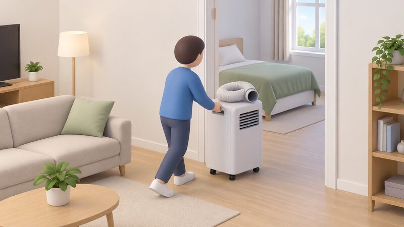 A simplified figure wheels a portable air conditioner on caster wheels through a doorway from a living room into a bedroom, the exhaust hose coiled and resting on top of the unit, with a window visible in the bedroom ahead.