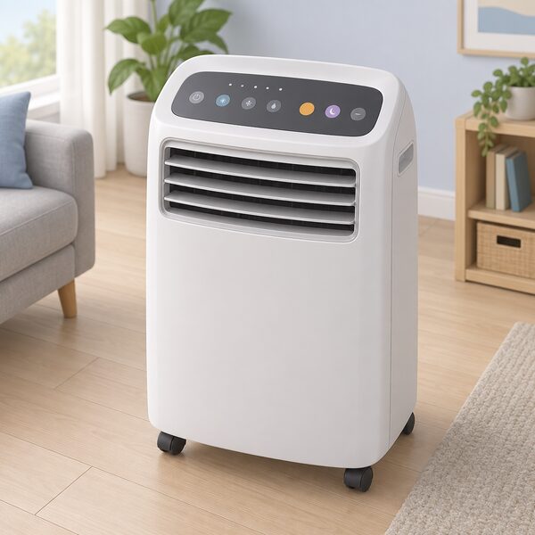 A close-up view of the top control panel of a portable air conditioner, showing a touch panel with timer and sleep mode buttons among mode selections, drawn as a physical object on the unit's top surface with buttons shown as plain unlabelled shapes.