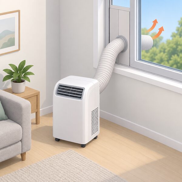 A portable air conditioner standing on the floor of a room, its flexible exhaust hose running up to a partly opened window where a sealing kit plate fills the gap around the hose, with the hose end pointing outside so hot air discharges outdoors.