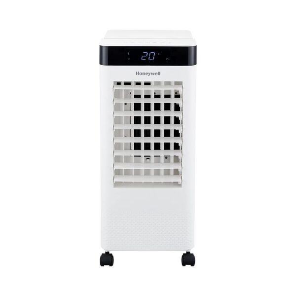 A white Honeywell portable evaporative air cooler with digital display and castors on a plain background