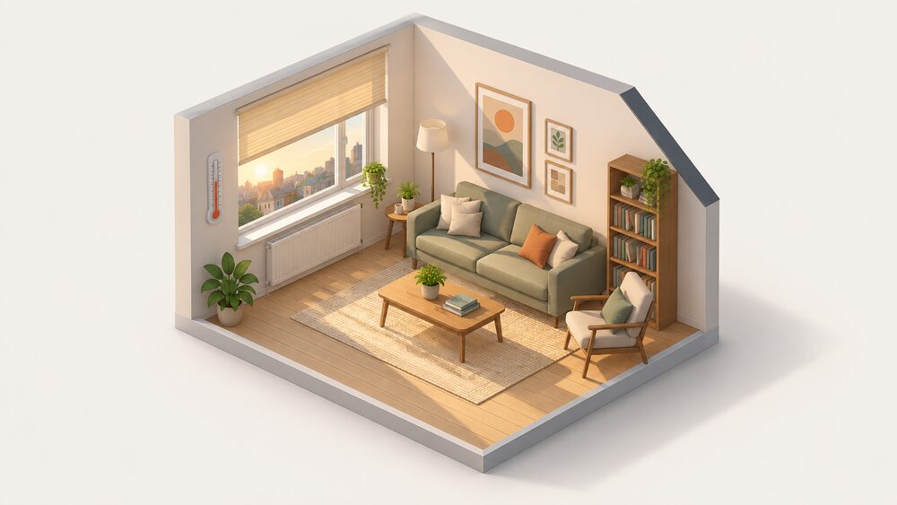 A small top-floor flat room in strong summer sun, with sunlight streaming through a large west-facing window, the blind partly lowered, a wall thermometer beside the window, and the room's radiator and furniture in full daylight.