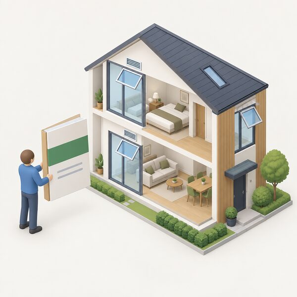 A cutaway of a modern new-build home shown beside a large document folder representing Part O of the Building Regulations, with a small isometric figure holding the folder and looking at the home's large windows and openable vents, illustrating the standard that governs overheating in new homes.
