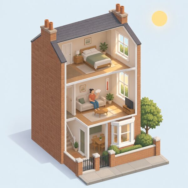 A simplified London terraced house on an ordinary mild summer day, with warm sunlight through large unshaded windows, a thermometer on the living-room wall reading high, and a small isometric figure indoors fanning themselves beside a closed window on a calm, cloudless but unexceptional day.
