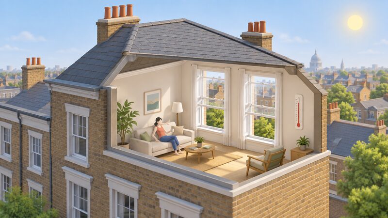 A cutaway view of a top-floor London flat on a hot summer day, with its tall sash windows slid open and a wall thermometer inside showing a high reading, the roof directly above and other rooftops visible outside.