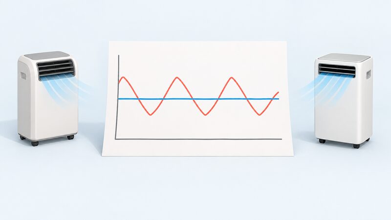 A printed line graph sheet showing a zigzagging line for a fixed-speed compressor cycling on and off around a set point, beside a smooth flat line for an inverter holding that set point steadily over time.