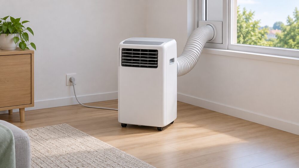 A single portable air conditioner standing on the floor of a room, its flexible exhaust hose running to a window kit venting hot air outside, with its mains plug in a wall socket nearby.