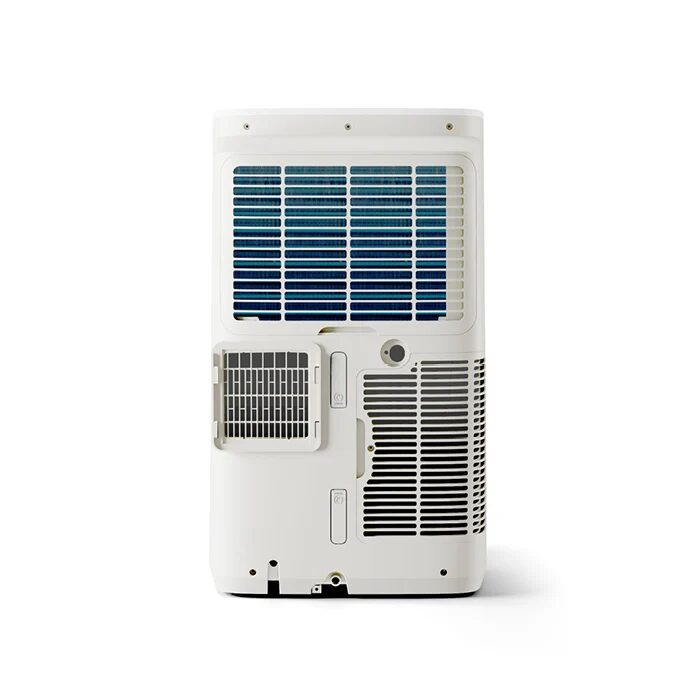 Rear view of a white Meaco Cirro portable air conditioner showing its grilles and air filter