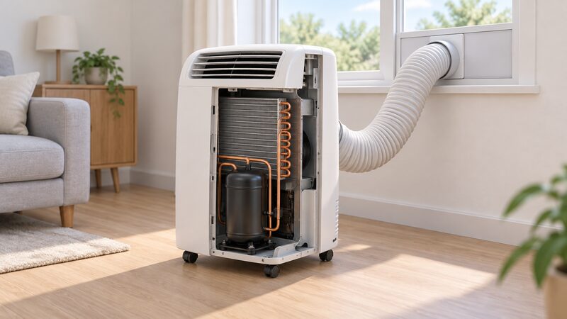 A cutaway view of a single portable air conditioner standing on a floor near a window, its casing opened to reveal the compressor and condenser coil inside, with a flexible exhaust hose running from the unit's rear outlet up to a window vent kit.