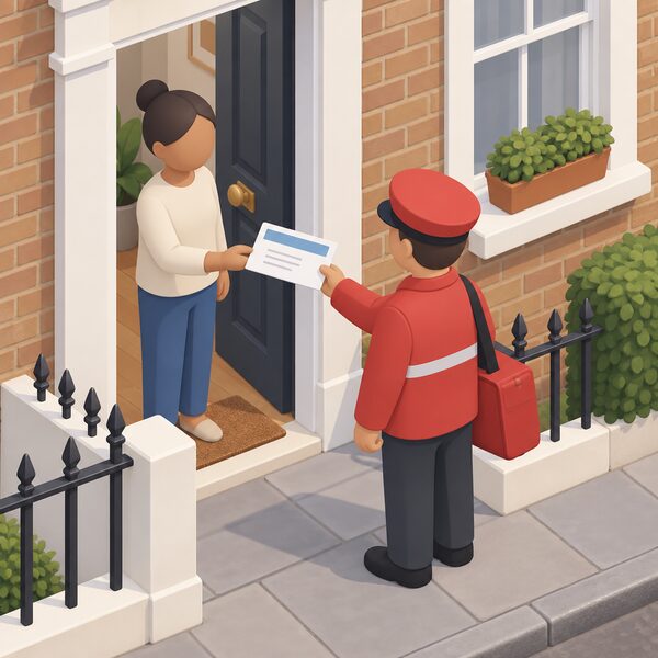 A simplified isometric figure at a London terraced house front door receiving a plain payment letter from a postman, the envelope shown as a physical object with blank lines and a plain colour band, representing a benefit-based hot weather payment arriving at an eligible household.
