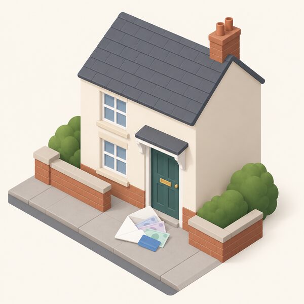 A small simplified isometric UK house with a letterbox and front door, and beside it on the pavement a plain envelope lying open with a few blank banknotes and a plain card spilling out, suggesting a one-off payment arriving at a household to help with heating costs.