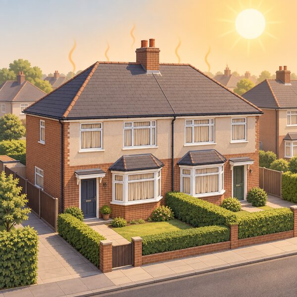 A simplified UK semi-detached home under a blazing sun during a heatwave, with all its windows firmly shut and curtains drawn, its thick insulated walls and sealed glazing trapping the heat inside while neighbouring homes stand in the same harsh sunlight.