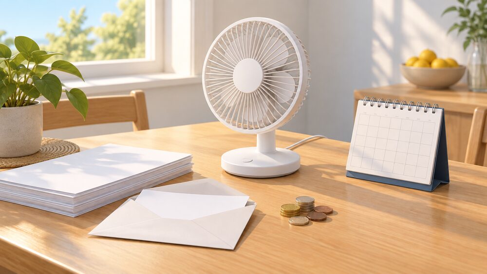 A small white electric desk fan stands on a kitchen table beside a blank official-looking letter in an open envelope, a short stack of blank paperwork, a plain wall calendar and a small pile of coins, all lit by bright summer daylight through a nearby window.