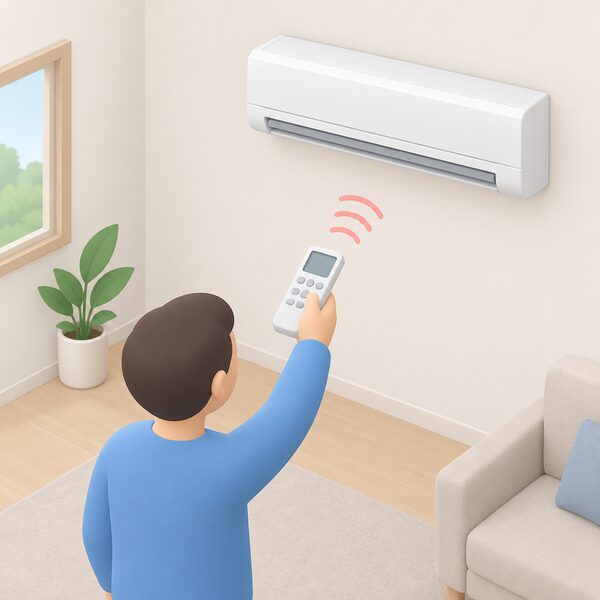 A simplified isometric hand holding the supplied infrared remote control, pointed towards a wall-mounted air conditioning indoor unit high on the wall of a plain room, showing local control working without any router, phone or network in the scene.