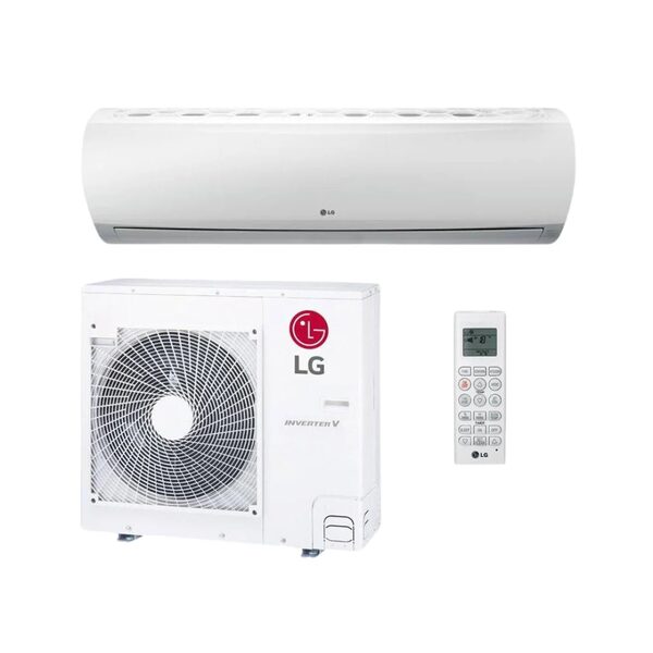 An LG wall-mounted air conditioning heat pump indoor unit with outdoor condenser unit and remote control on a white background