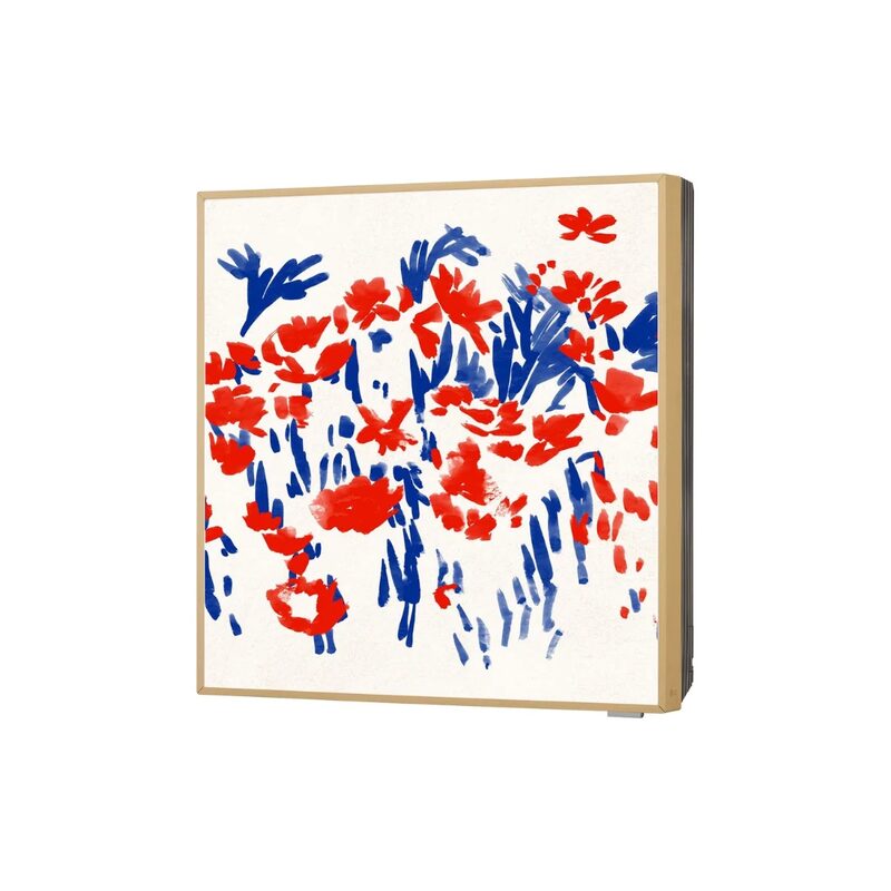 An LG Artcool Gallery wall-mounted air conditioning indoor unit styled as a framed floral artwork with red and blue flowers