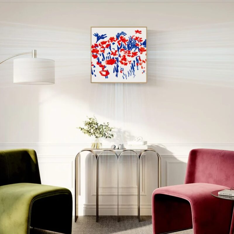 An LG Artcool Gallery wall-mounted air conditioning indoor unit styled as a framed floral artwork on a living room wall