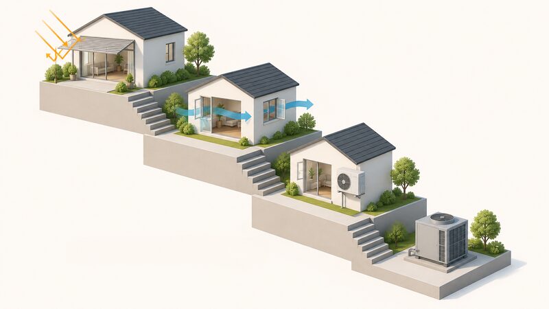 A descending staircase diagram with four steps, each drawn as a small building vignette: at the top a home with external shading and open night vents, below it a home flushing heat with open windows, then a home with an external air-to-air heat pump on the wall, and at the bottom a compressor unit, showing the move from passive measures to mechanical cooling.