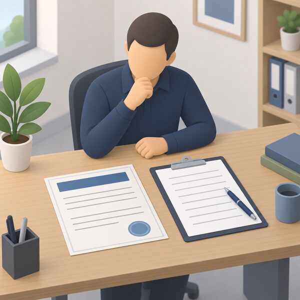 A commissioning certificate document lying flat on an assessor's desk beside a clipboard holding blank-lined sheets, with a pen resting on the clipboard, drawn as physical paperwork in an office setting with all content shown only as blank lines and plain colour blocks.