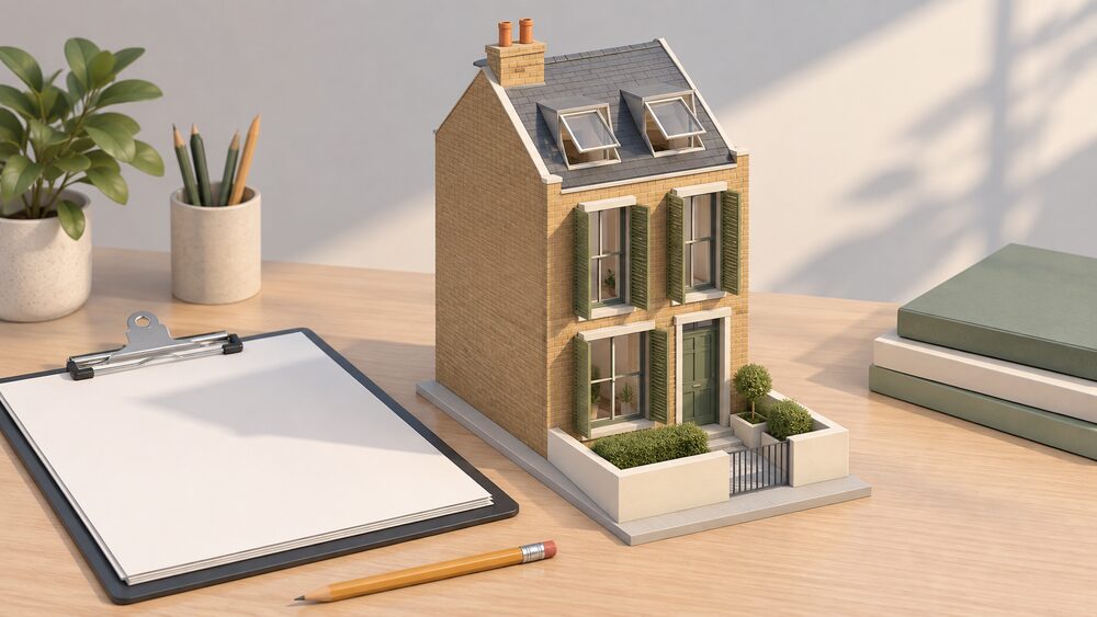 A small architect's model of a new London terraced house with deep external window shutters angled against the sun and its top-floor windows tilted open, standing on a desk beside blank planning application forms on a clipboard and a pencil.